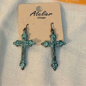 Atelier Village rustic cross earrings turquoise + bronze
